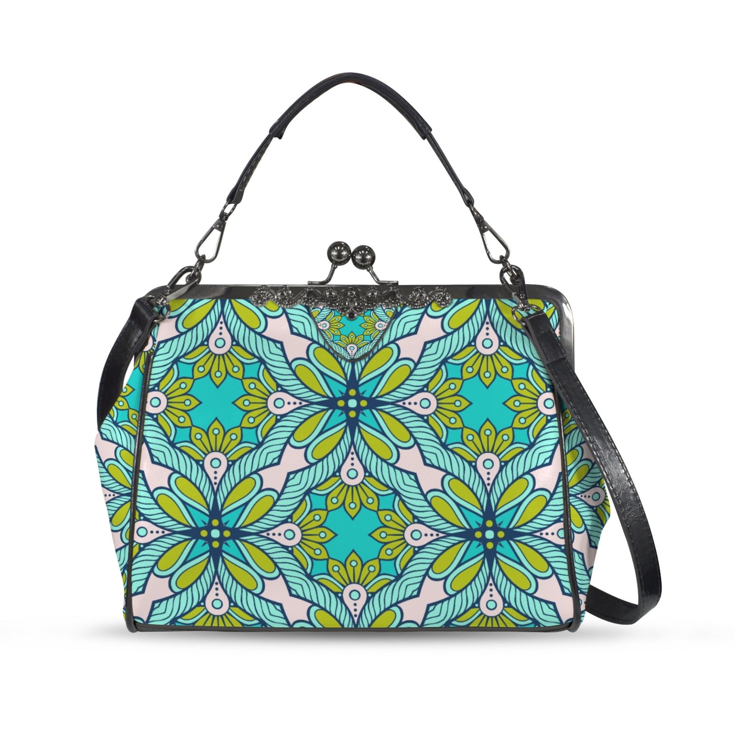 Retro 60s Style Handbag | Vintage Green Floral Mod Handbag | Crossbody Clasp Purse 