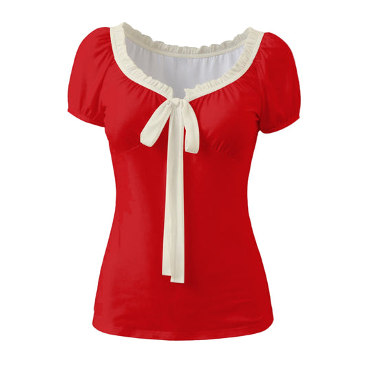 Retro Red Babydoll Top | Red Puff Sleeve Blouse | Red Bow Tie Ruffle Top | Red 50s Style Scoop Neck Top
