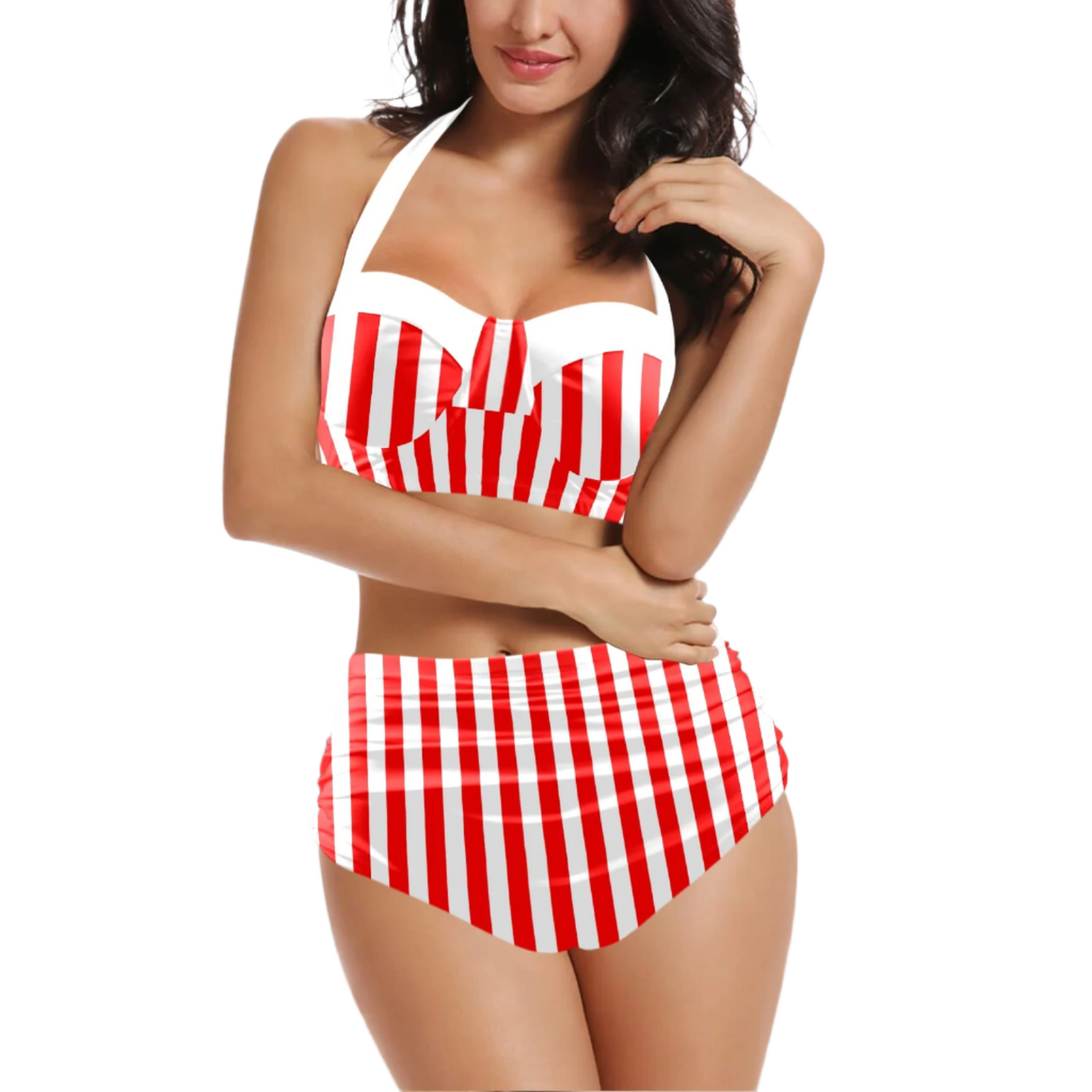 Retro Pin Up Bikini, Halter Red High Waist Bikini, Red Stripe Bikini, Red Bikini, Two Piece Bikini