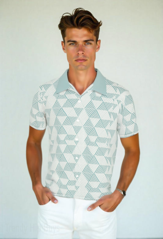 Retro Blue Shirt Men | Blue Geometric Print Shirt | 50s 60s Inspired Geometric Shirt | Rockabilly Shirt Men