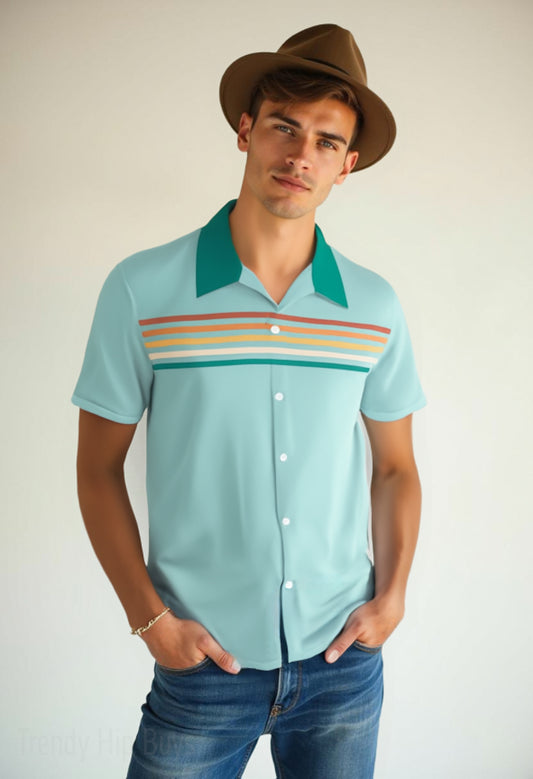 Men’s 50s Style Shirt | Retro Blue Stripe Rockabilly Shirt | Vintage 1950s Shirt Men 