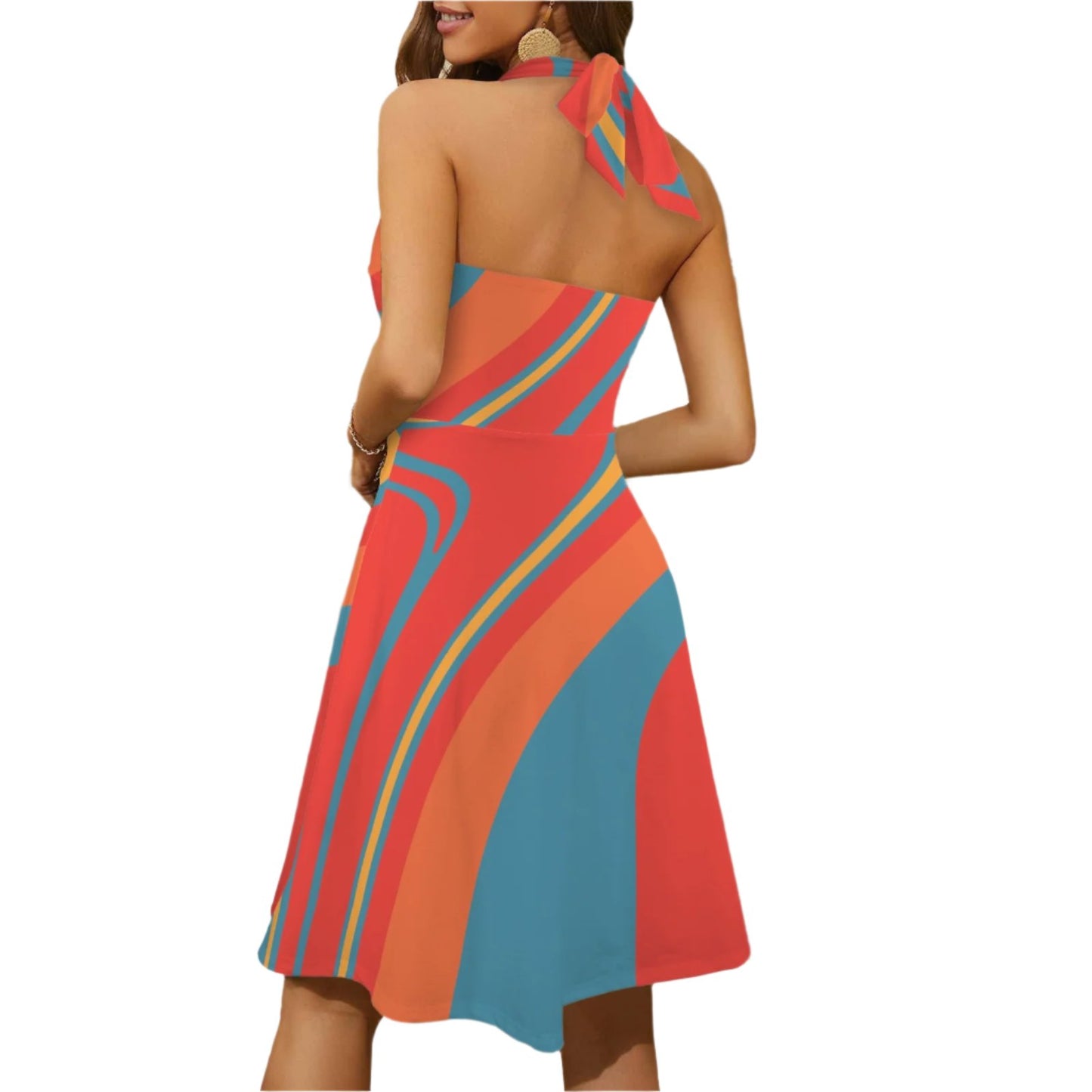 Multicolor Red Blue Yellow Stripe 70s Style Halter Dress