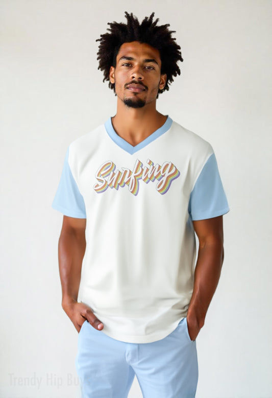 Eco-T-shirt, Retro 70s Style Tshirt, Surfing T-shirt, Eco friendly Shirt, Retro Graphic Tee, V-neck T-shirt