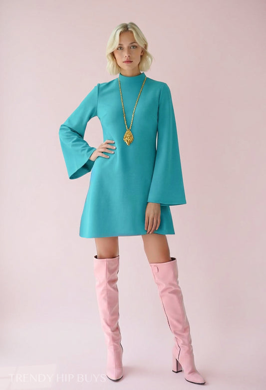 Vintage 70s Turquoise Bell Sleeve Dress | Retro Turtleneck Tent Dress | Boho Hippie Dress