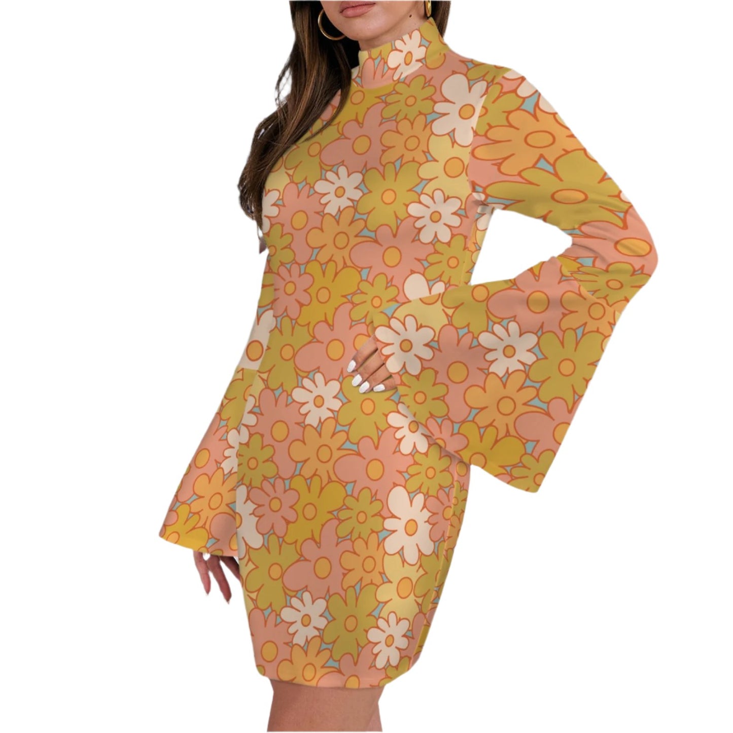 70s inspired Dress, Bell Sleeve Dress, 70s style Green Pink Floral Hippie Mini Dress