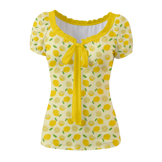 Retro Yellow Lemon Print Babydoll Top | Vintage Yellow Puff Sleeve Blouse | Ruffle Bow Tie Lemon Print Top | Yellow 50s Style Blouse