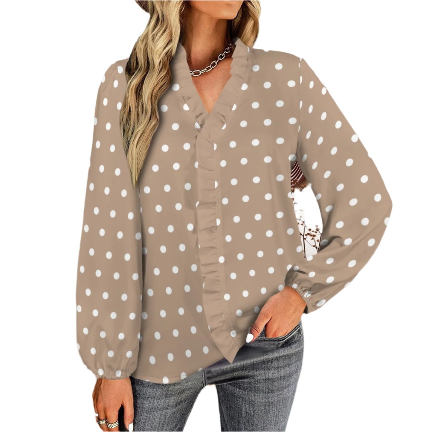 Nude Brown Polka Dot Ruffle Top