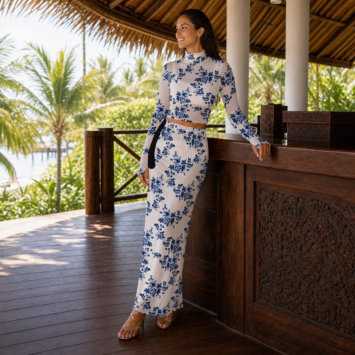 Women's Sheer White &amp; Blue Floral Two-Piece Set | Romantic Turtleneck Crop Top & Maxi Skirt | Vacation Outfit