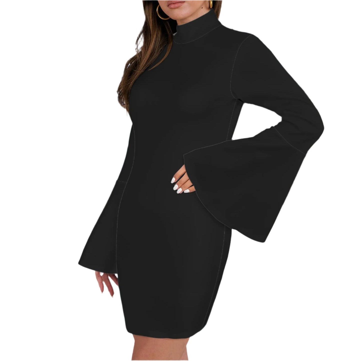 70S Bell Sleeve Black Turtle neck Shift mini Dress