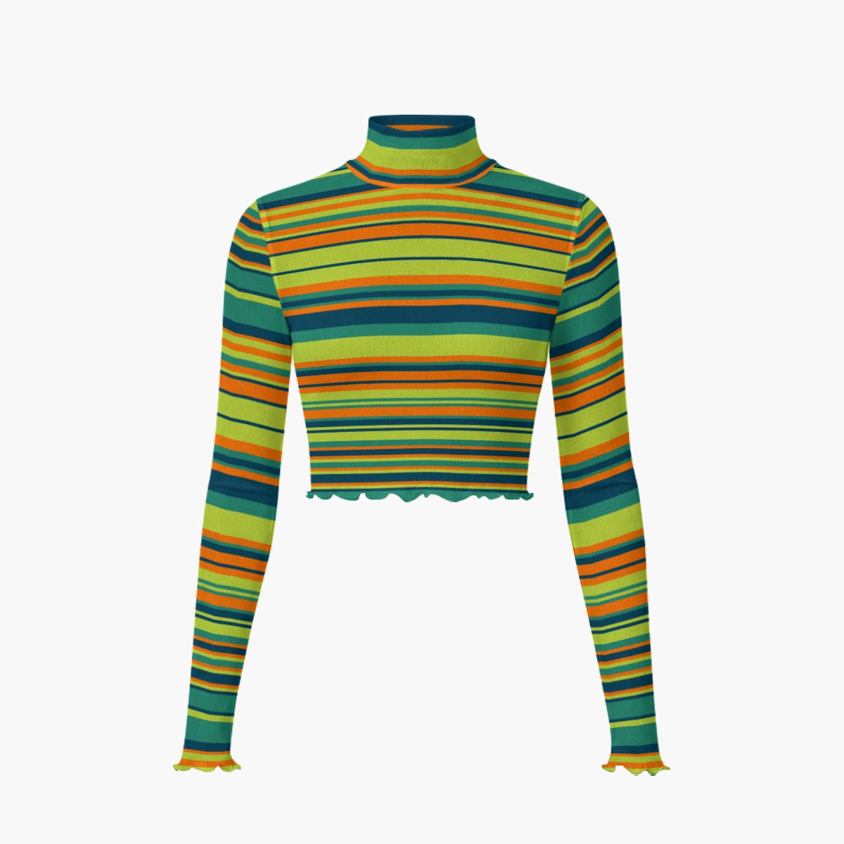 A long-sleeve cropped mock neck top with horizontal stripes in green, yellow, orange, and blue, featuring a scalloped hem and cuffs, shown against a plain white background.