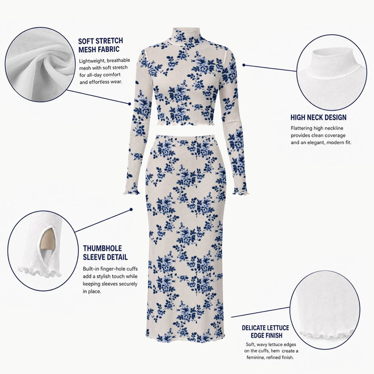 A long-sleeve mock-neck maxi dress with a blue floral print on a cream background, displayed on a mannequin with feature callout circles and text describing fabric, neck design, sleeve detail, and edge finish.