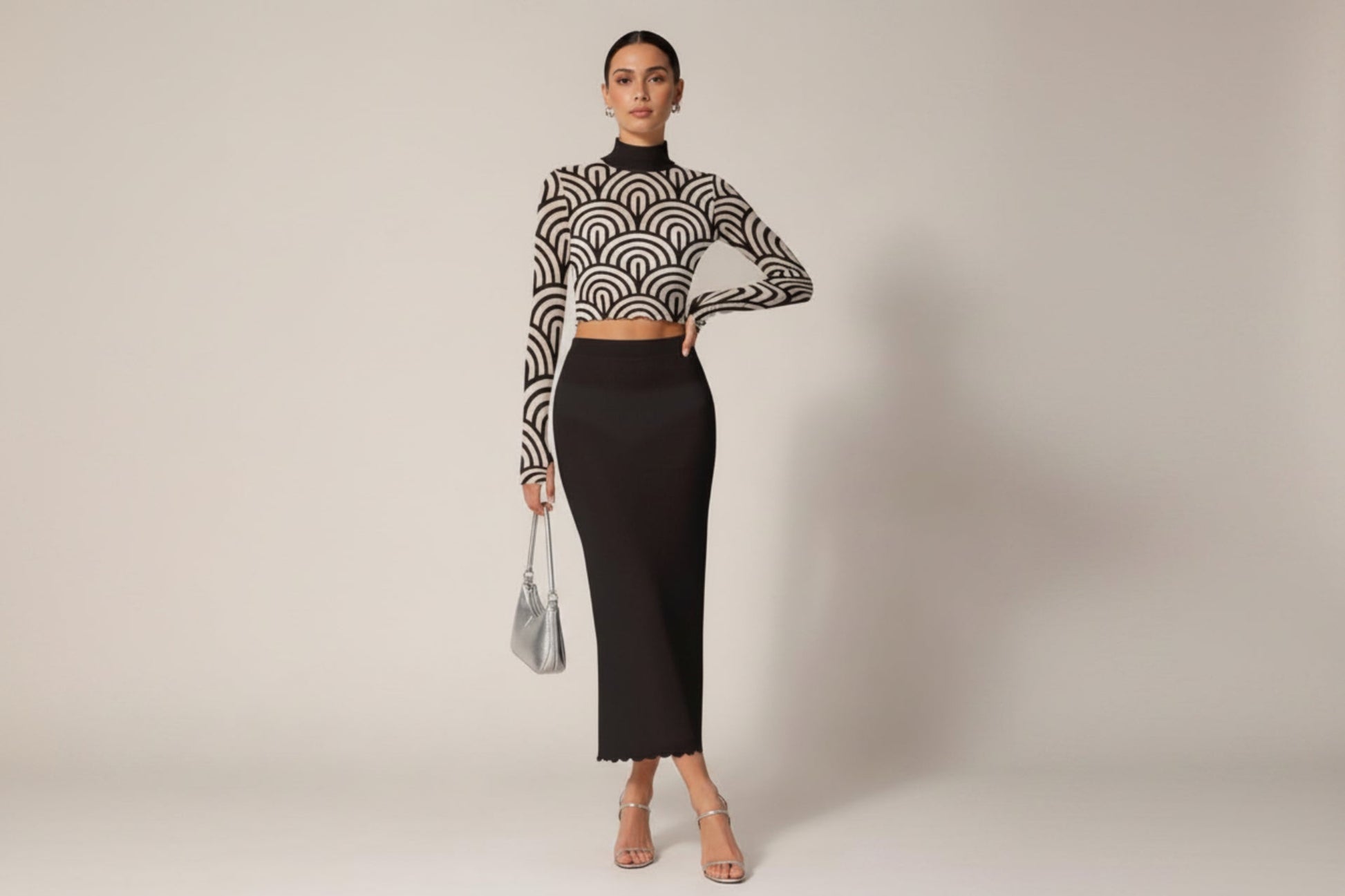 Women's 60s Op Art Two-Piece Set | Sheer Geometric Turtleneck Crop Top & Black Maxi Skirt | Mod Vintage Outfit