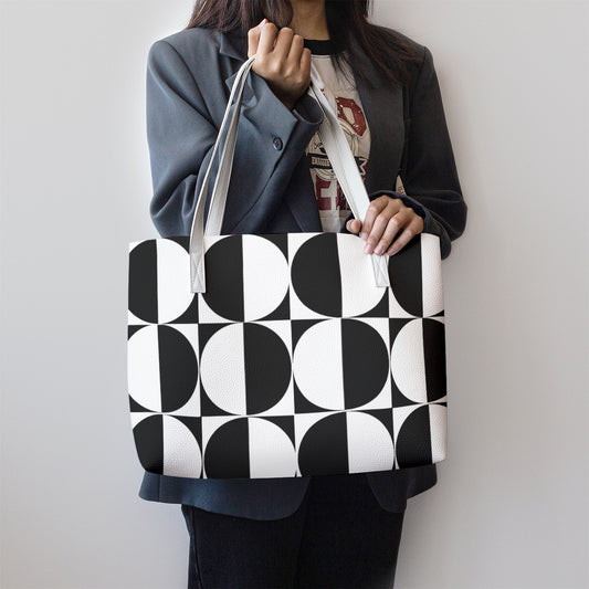 Mod 60s Geometric Tote Bag | Black & White Retro Handbag | Vintage-Inspired PU Leather Shoulder Bag