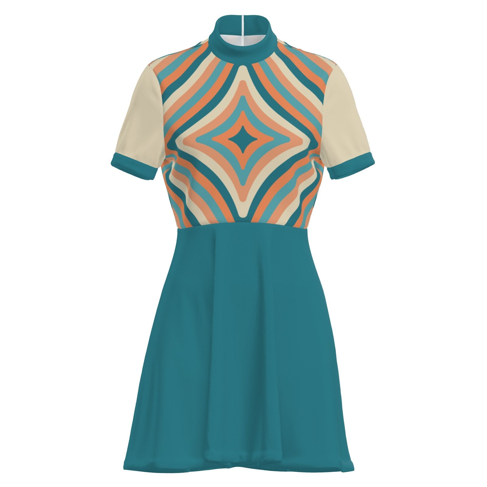 60s Dress Style Turquoise Mod Mini Dress | Op Art Geometric GoGo Dress | Retro Turtleneck Dress