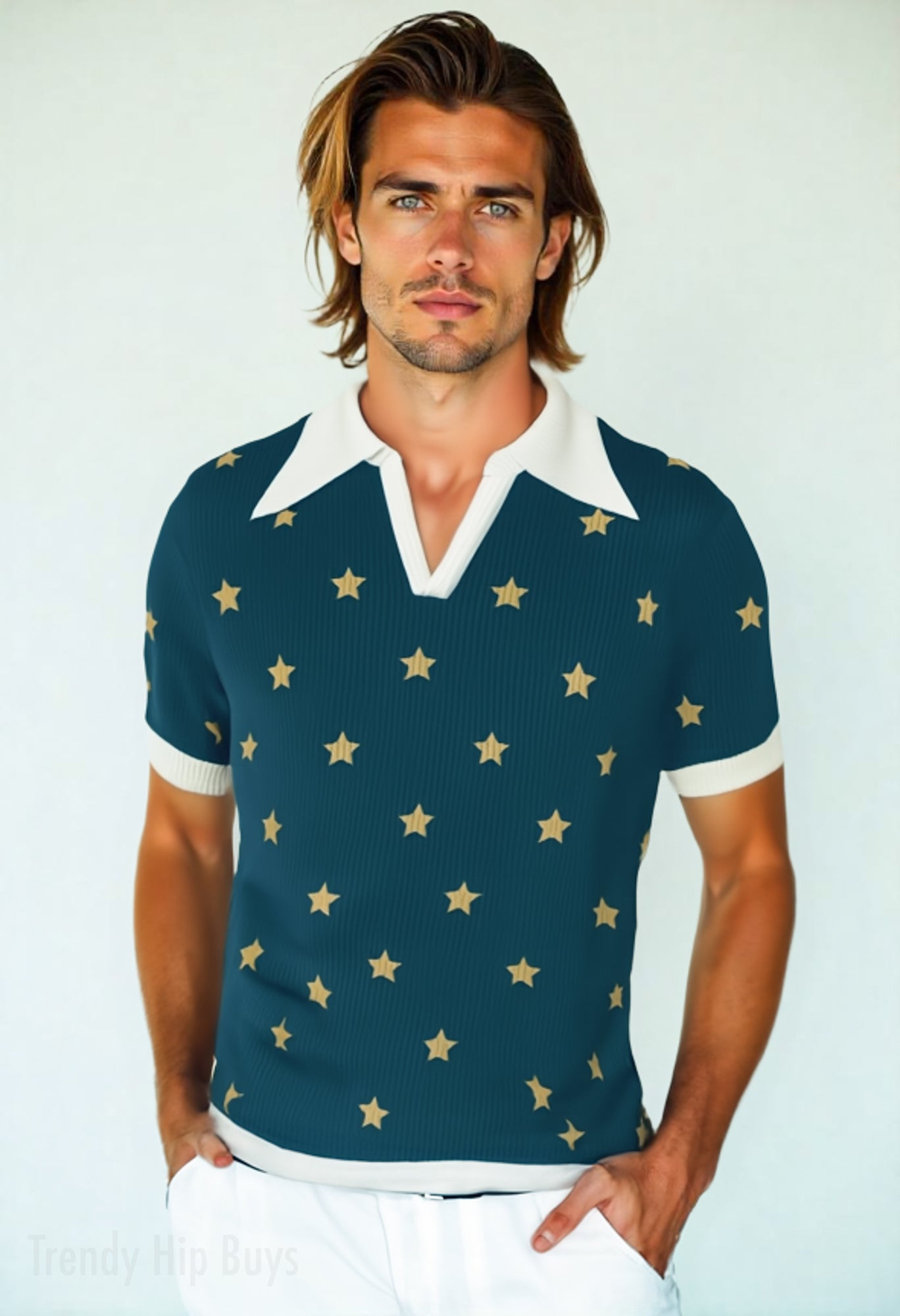Retro Polo Shirt, 70s Wing Collar Shirt, Blue Star shirt, Blue Knit polo Shirt, Star print shirt