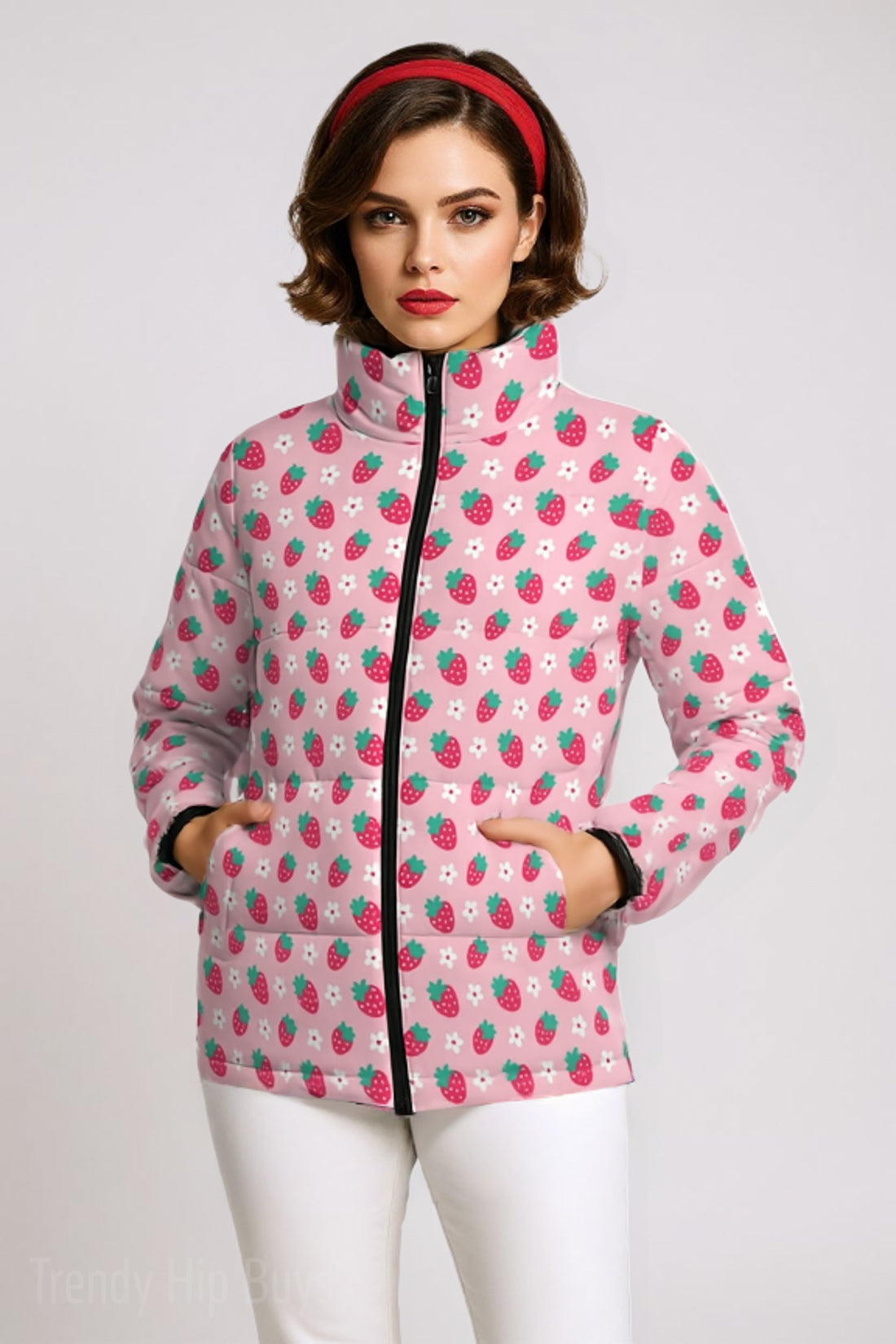 Pink Strawberry Puffer Jacket | Cute Cotton Filled Winter Jacket