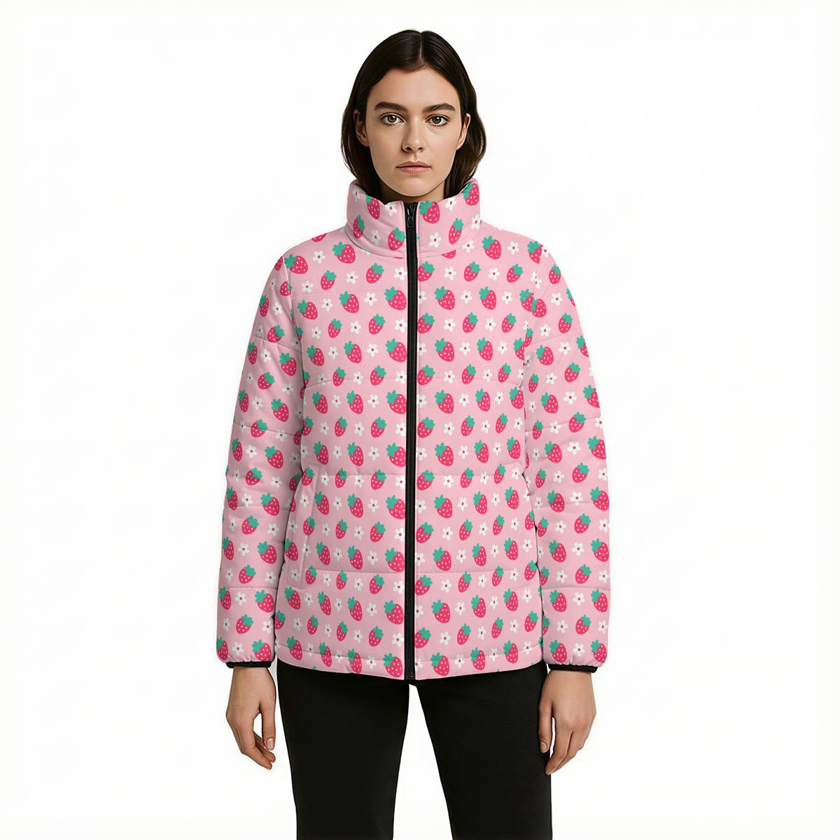 Pink Strawberry Puffer Jacket | Cute Cotton Filled Winter Jacket