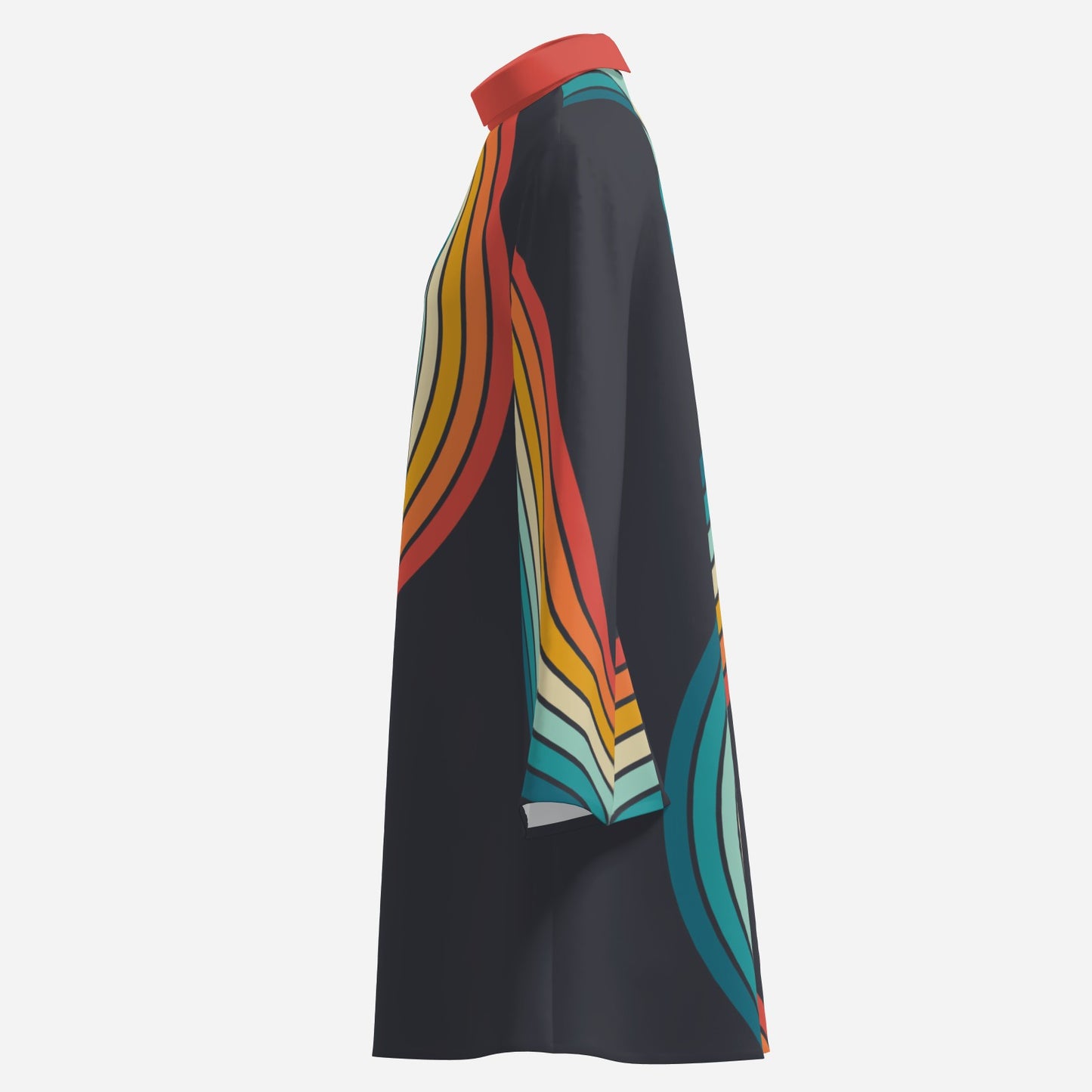 Groovy 70s Disco Dress | Black Rainbow Stripe Bell Sleeve Dress | Retro Turtleneck Tent Mini Dress