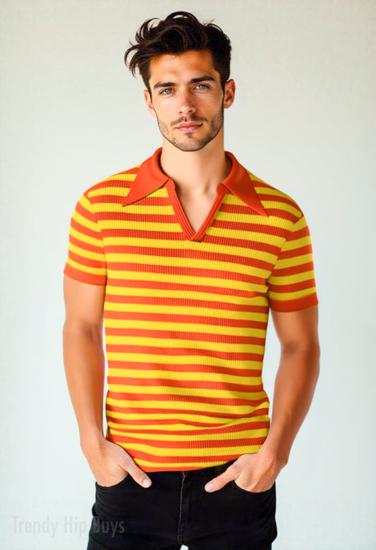 70s Polo Shirt Men, 70s Wing Collar Shirt Men, Orange Stripe Polo, Disco Shirt Men, retro polo shirt