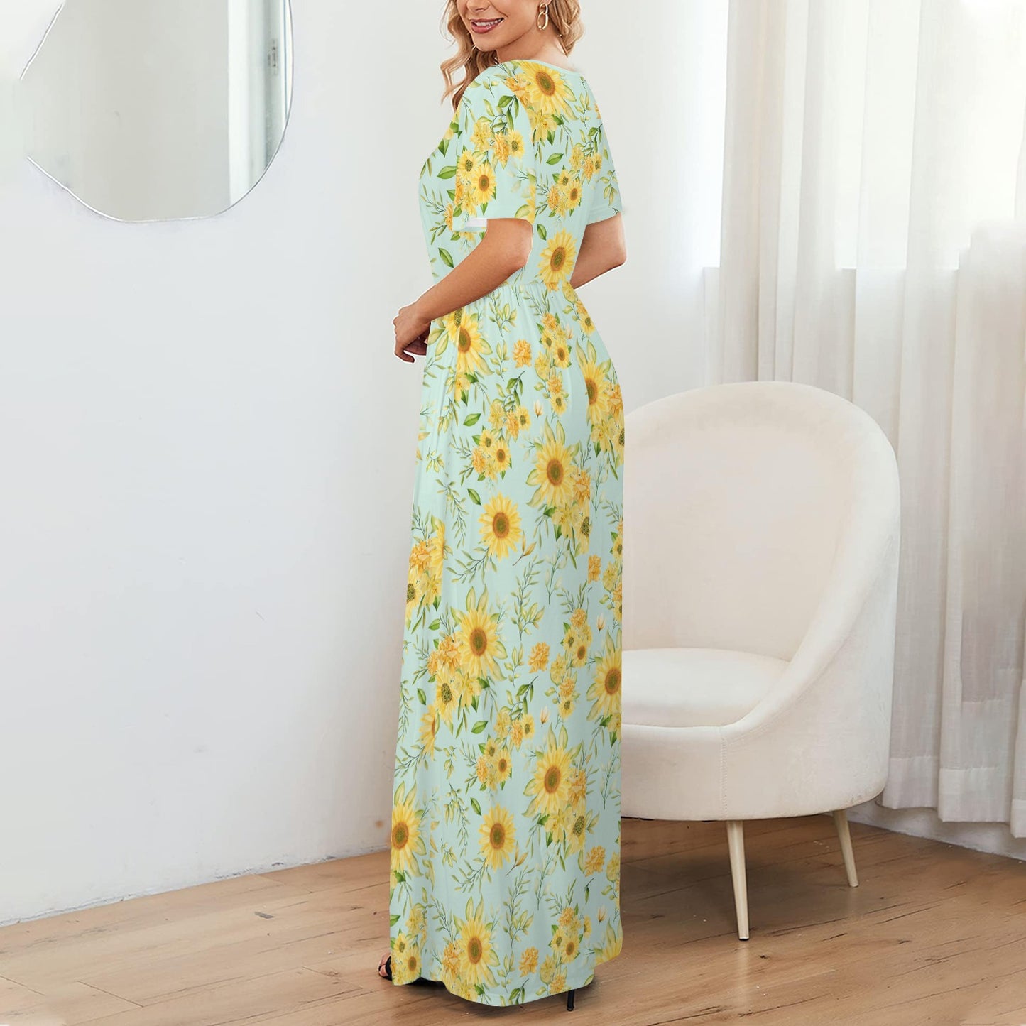 Women's Blue Yellow Sun Flower Maxi Dress