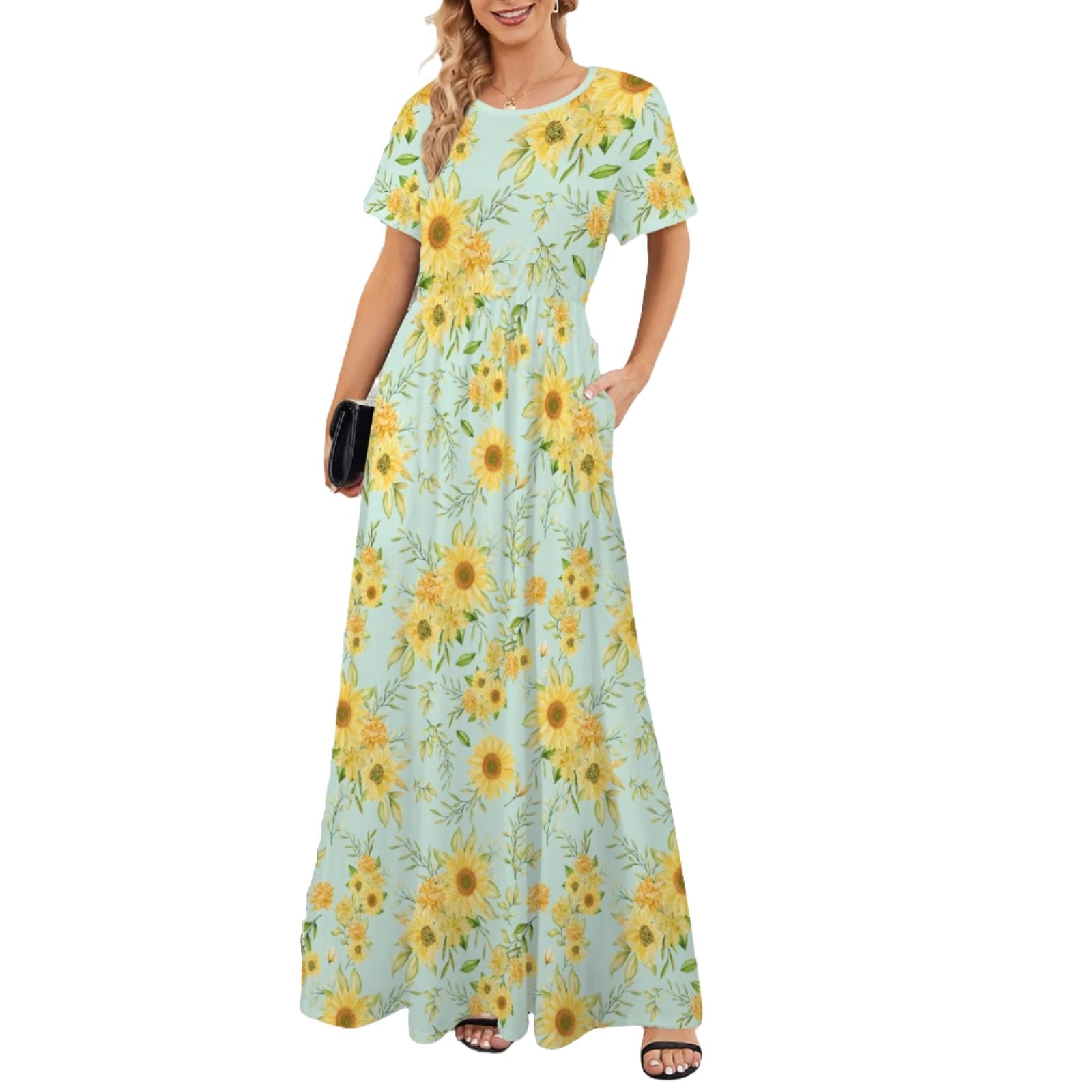 Women's Blue Yellow Sun Flower Maxi Dress