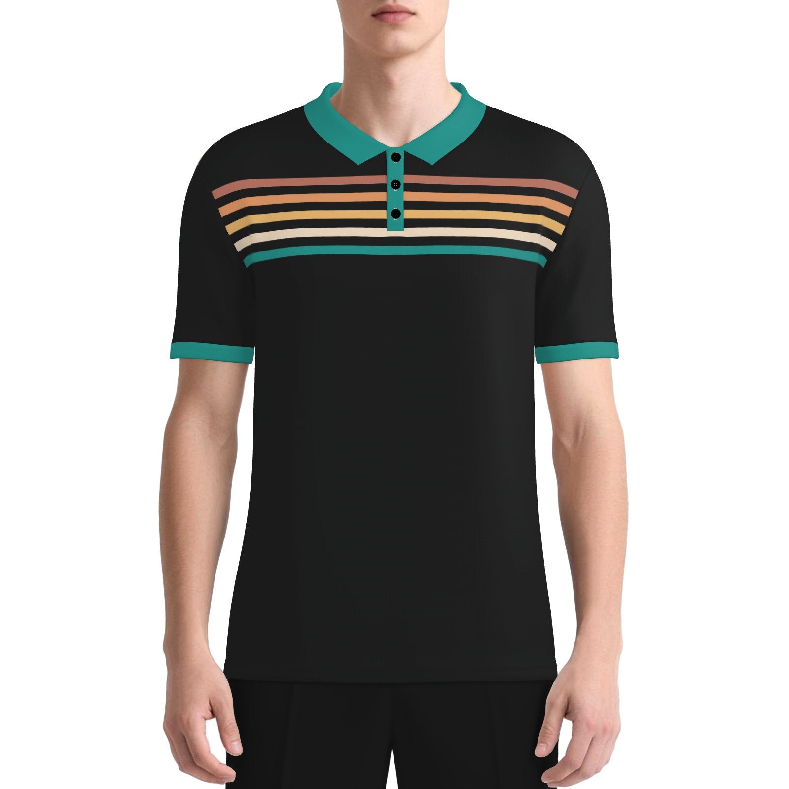 Retro Black Turquoise Stripe Polo Shirt Unisex UPF 50+ Sun Protection Vintage 70s Inspired Shirt