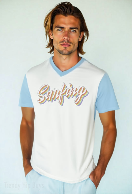 Eco-T-shirt, Retro 70s Style Tshirt, Surfing T-shirt, Eco friendly Shirt, Retro Graphic Tee, V-neck T-shirt