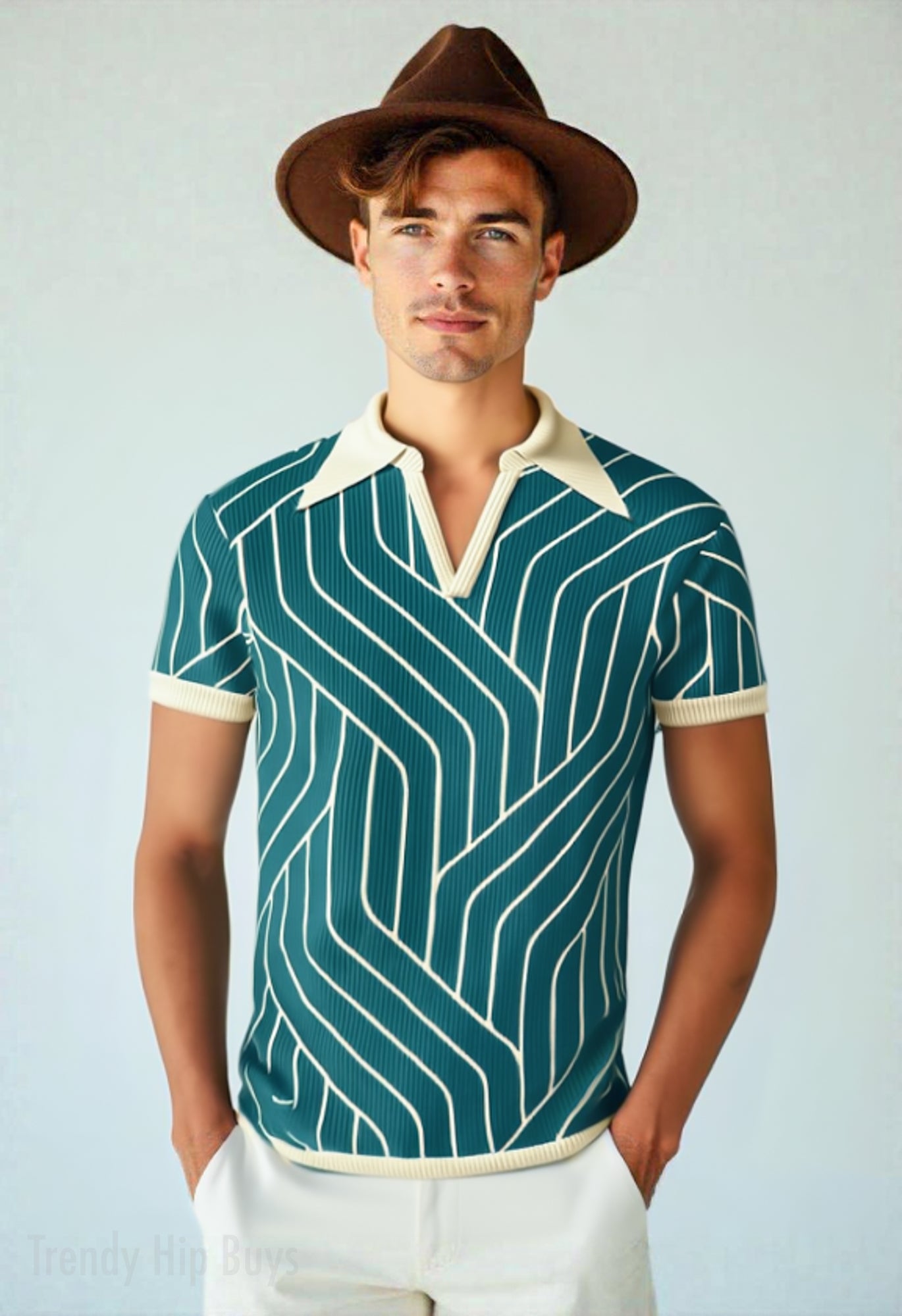 Retro Polo Shirt, Teal Polo Shirt, 70s Polo Shirt, Stripe Polo Shirt, Disco Stripe Polo Shirt