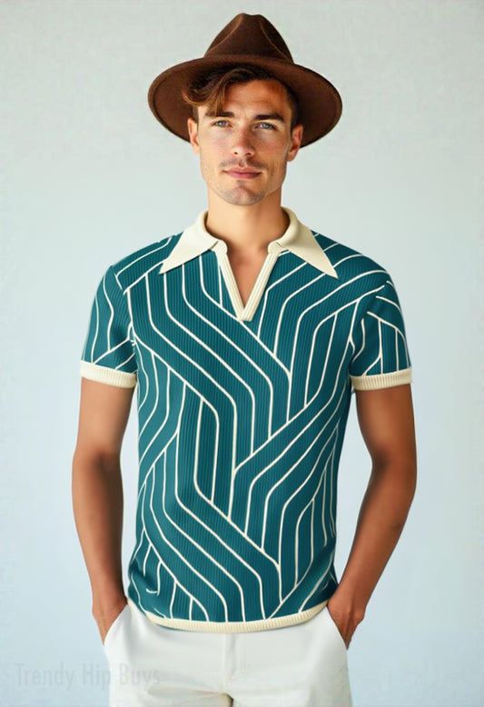 Retro Polo Shirt, Teal Polo Shirt, 70s Polo Shirt, Stripe Polo Shirt, Disco Stripe Polo Shirt