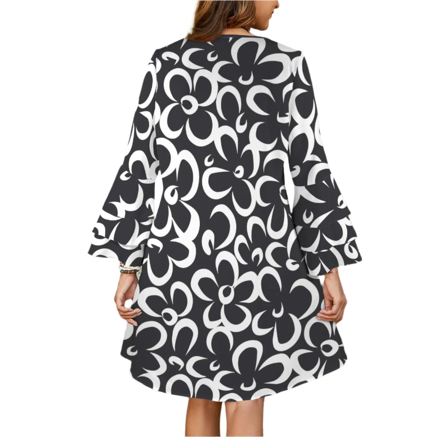 Black and White Floral Tent Dress Tier Sleeves