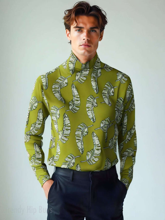 green banana leaf tropical print turtleneck sweater