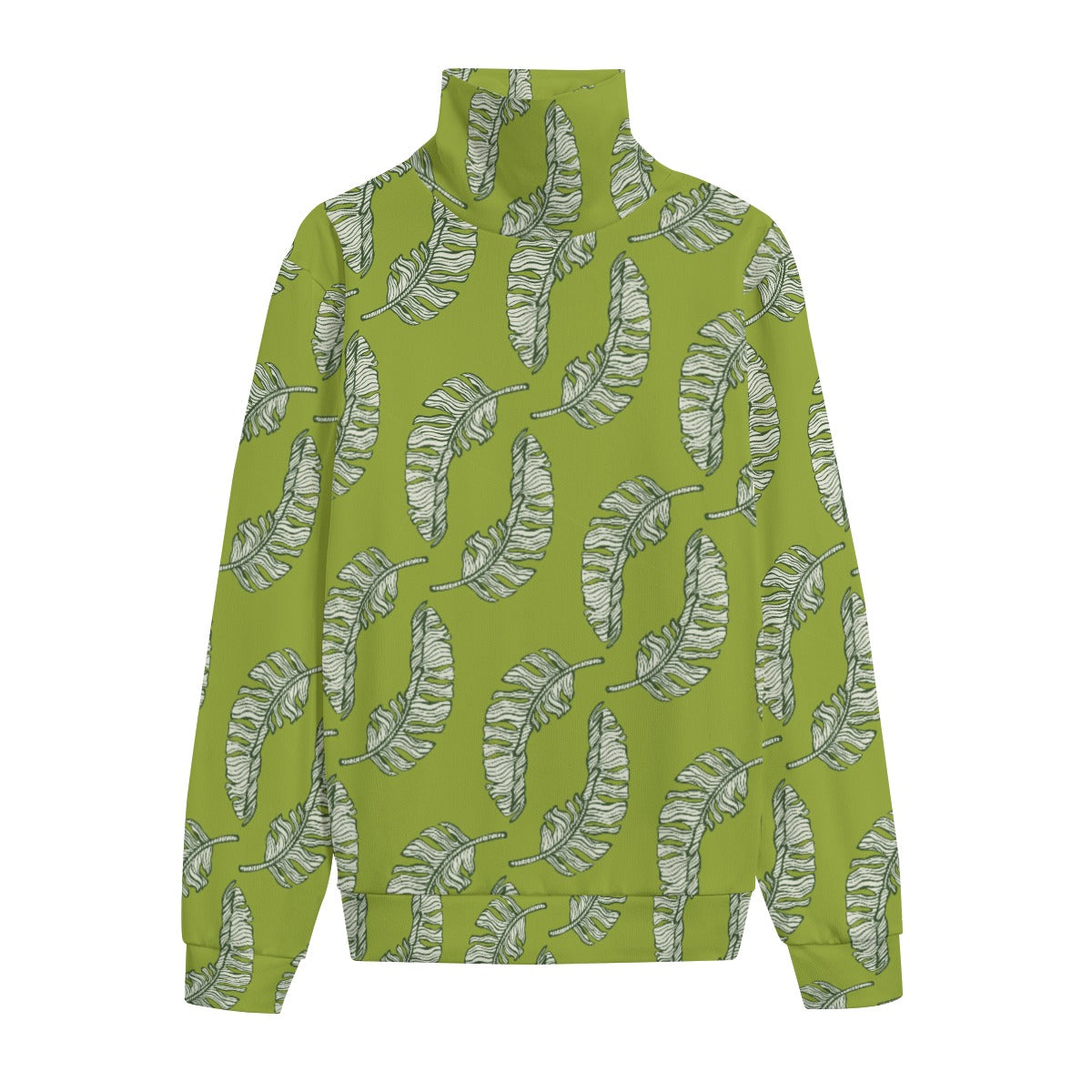 green banana leaf tropical print turtleneck sweater