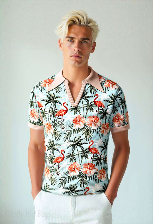 Retro Flamingo Tropical Knit Polo Shirt for Men | 70s Wing Collar Shirt | 70s Style Polo Shirt