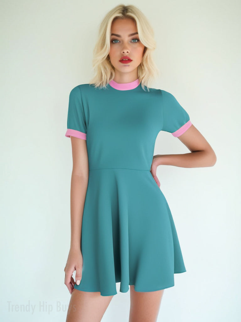 Mod 60s Style Turquoise A-Line Mini Dress | Retro Turquoise and Pink Turtleneck Dress