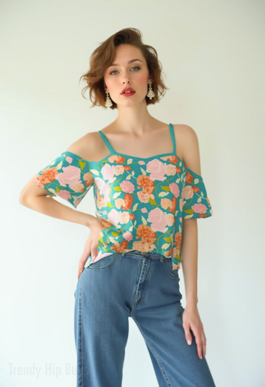 Women’s Turquoise Off Shoulder Top | Eco-Friendly Imitation Cotton Flutter Sleeve Floral Blouse