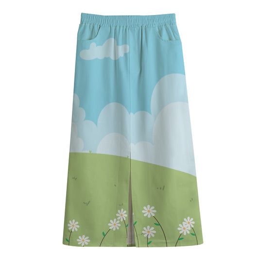 Unique Midi Skirt │ Statement Skirt │ Artistic Midi Skirt with Cloud & Floral Print Canvas Cotton A-Line Skirt 