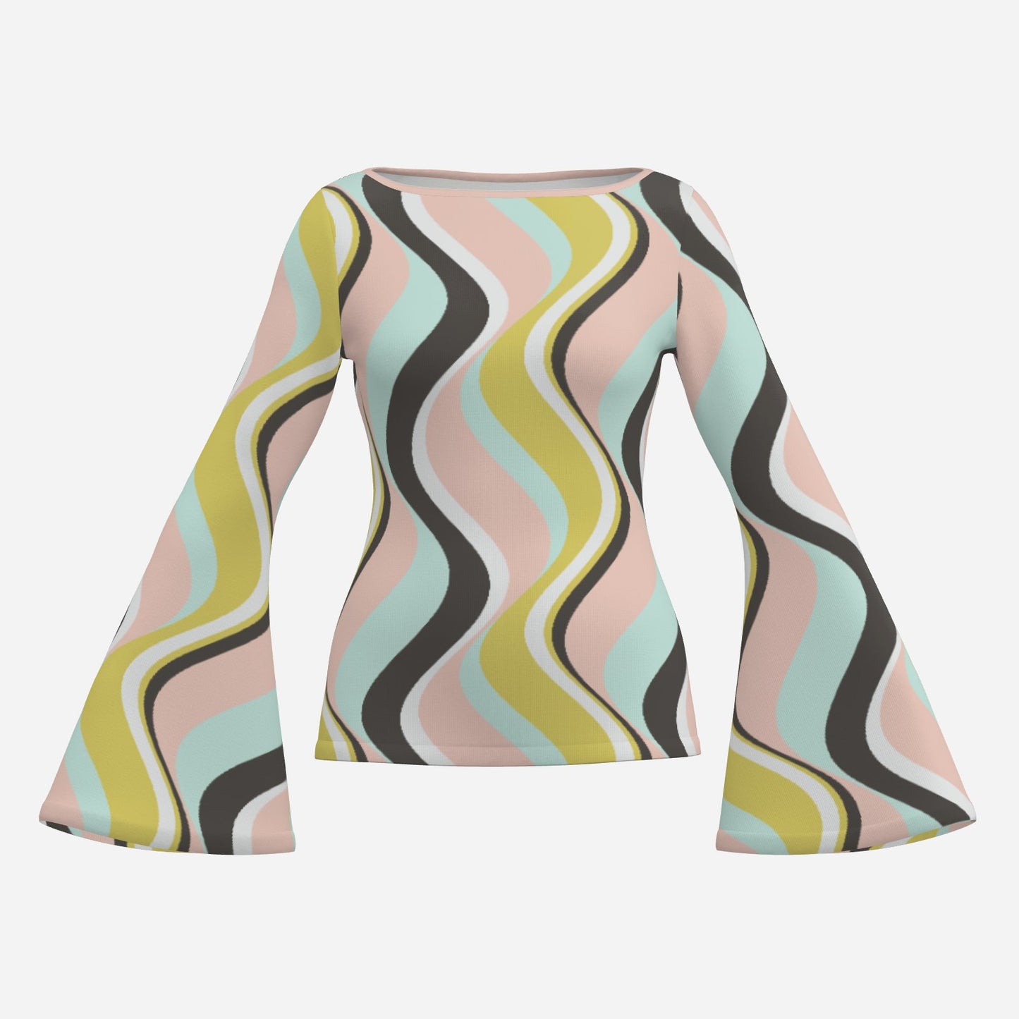 Women's 70s Pink Green Bell Sleeve Top Groovy Retro Stripe Shirt