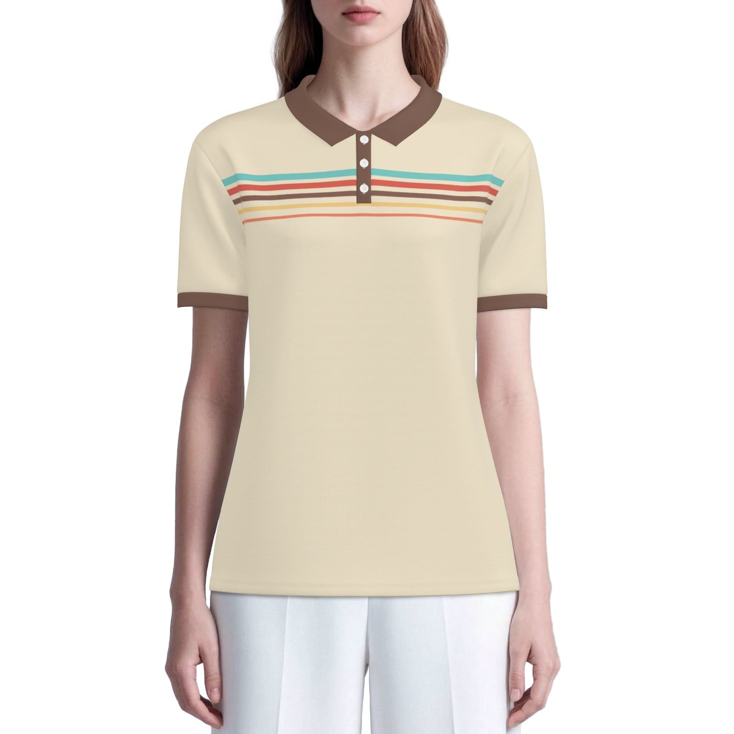 Retro Beige Stripe Polo Shirt | UPF 50+ Sun Protection Unisex Polo | 70s 80s Vintage Golf Shirt