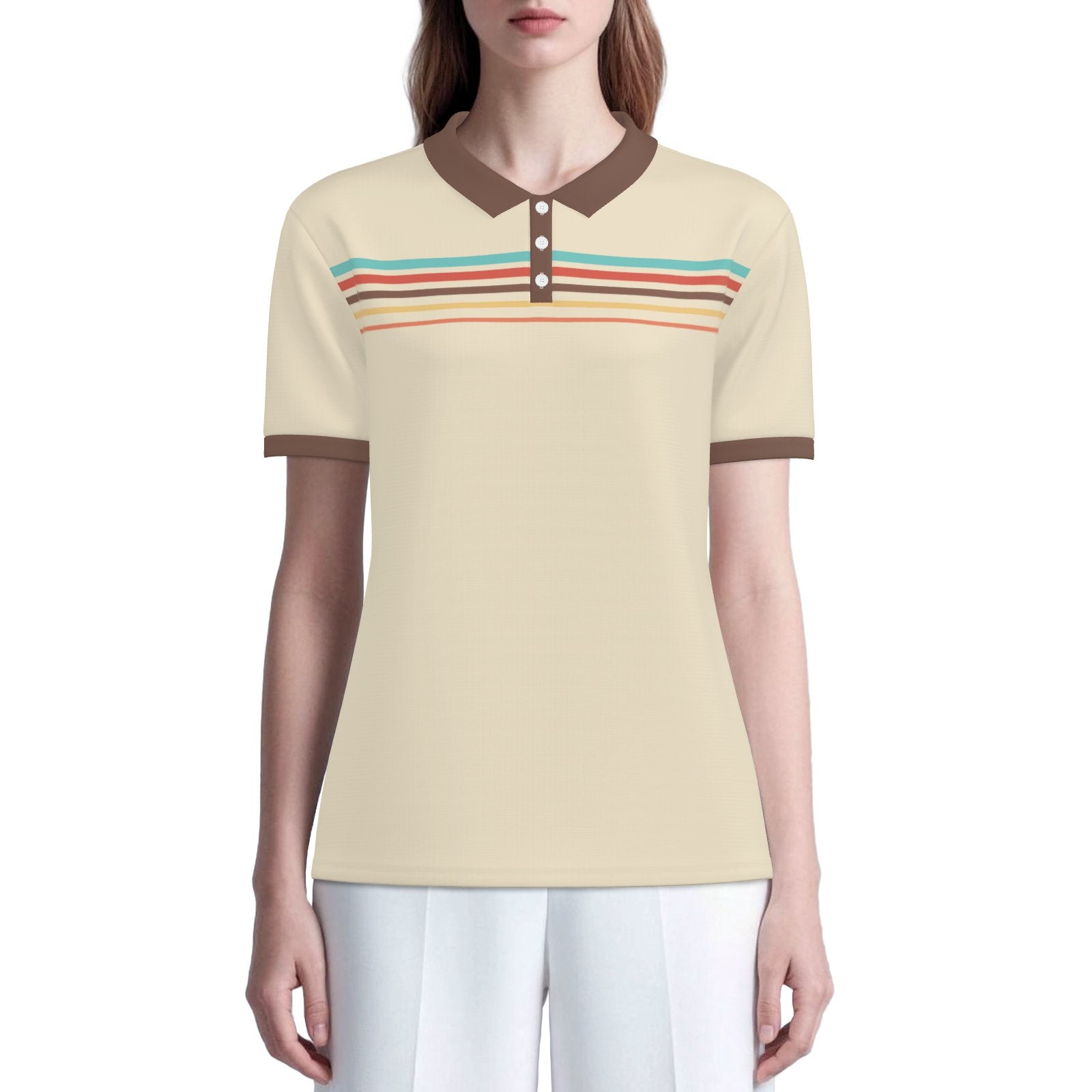 Retro Beige Stripe Polo Shirt | UPF 50+ Sun Protection Unisex Polo | 70s 80s Vintage Golf Shirt
