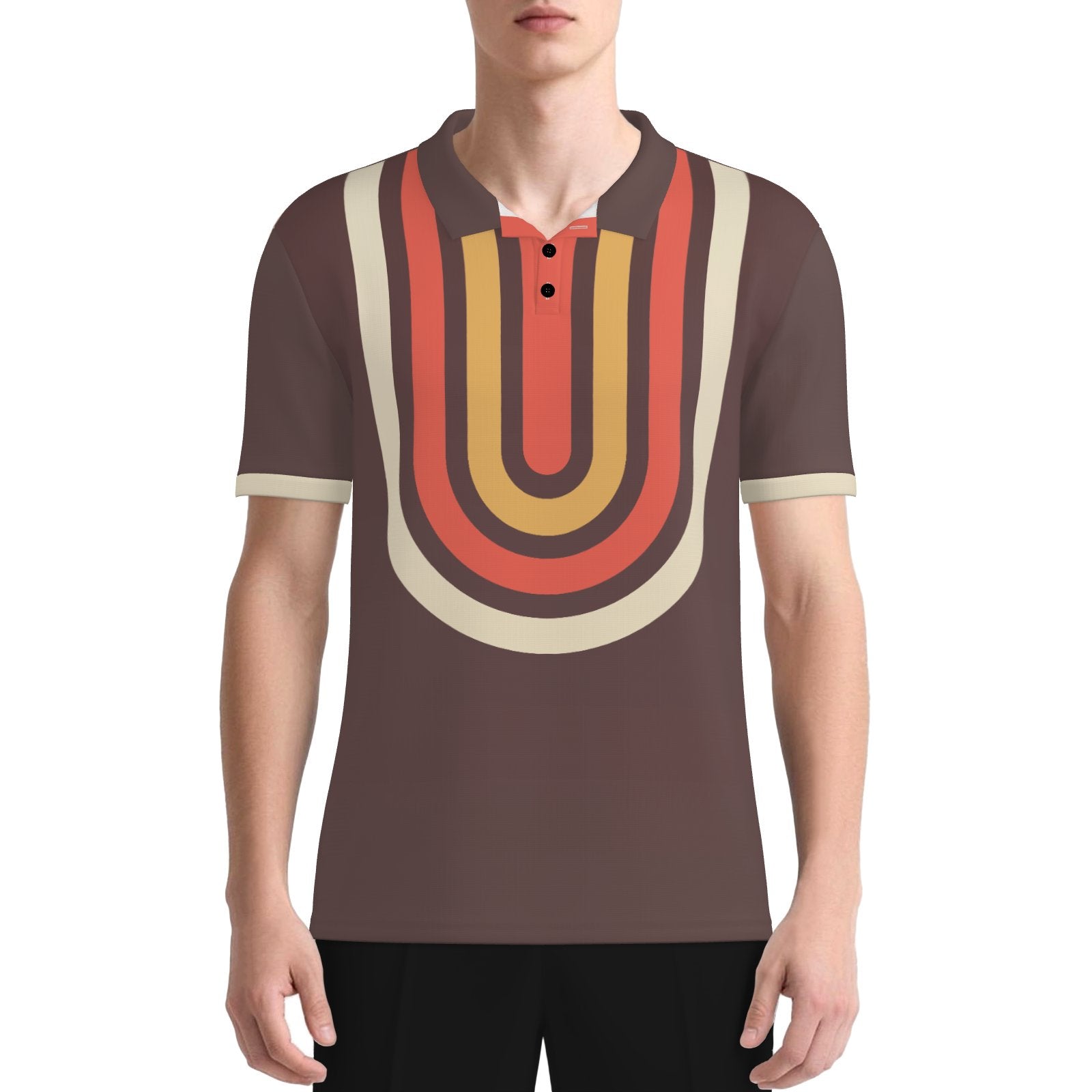 70s Brown Geometric Polo Shirt | UPF 50+ Sun Protection Unisex Polo | Retro Mod Vintage Golf Shirt