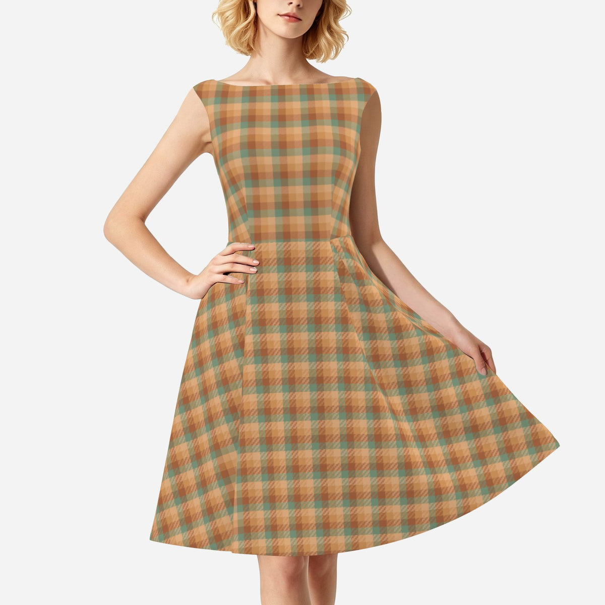 Women’s Brown Mint Green Plaid 50s Dress | Satin A-Line Dress with Removable Bow