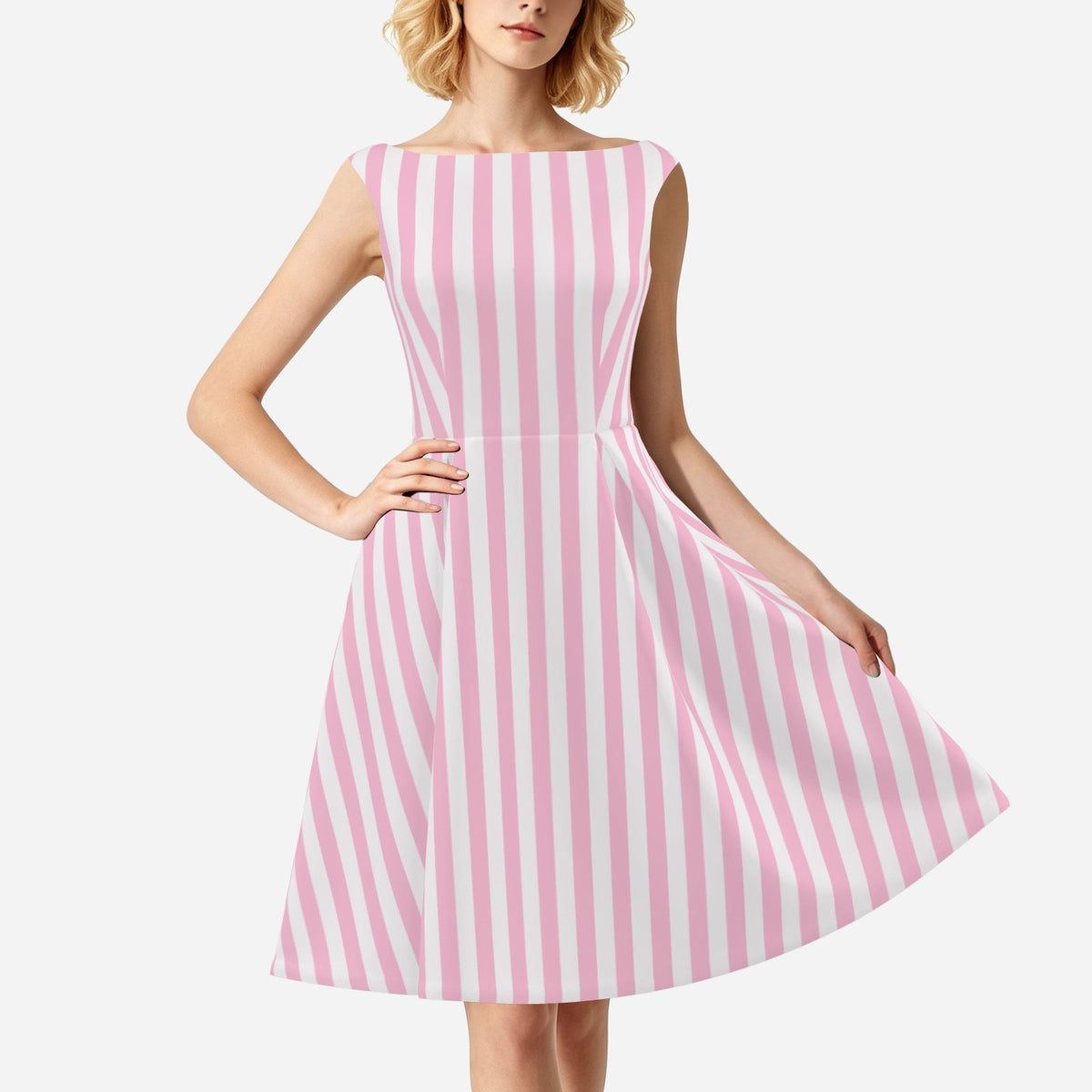 Women’s 50s Style Dress | Pink Stripe Vintage Inspired Satin Dress | Removable Bow | Pleated A-Line Midi Dress