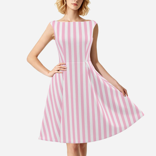 Women’s 50s Style Dress | Pink Stripe Vintage Inspired Satin Dress | Removable Bow | Pleated A-Line Midi Dress
