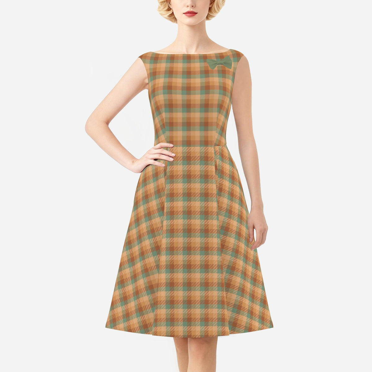 Women’s Brown Mint Green Plaid 50s Dress | Satin A-Line Dress with Removable Bow