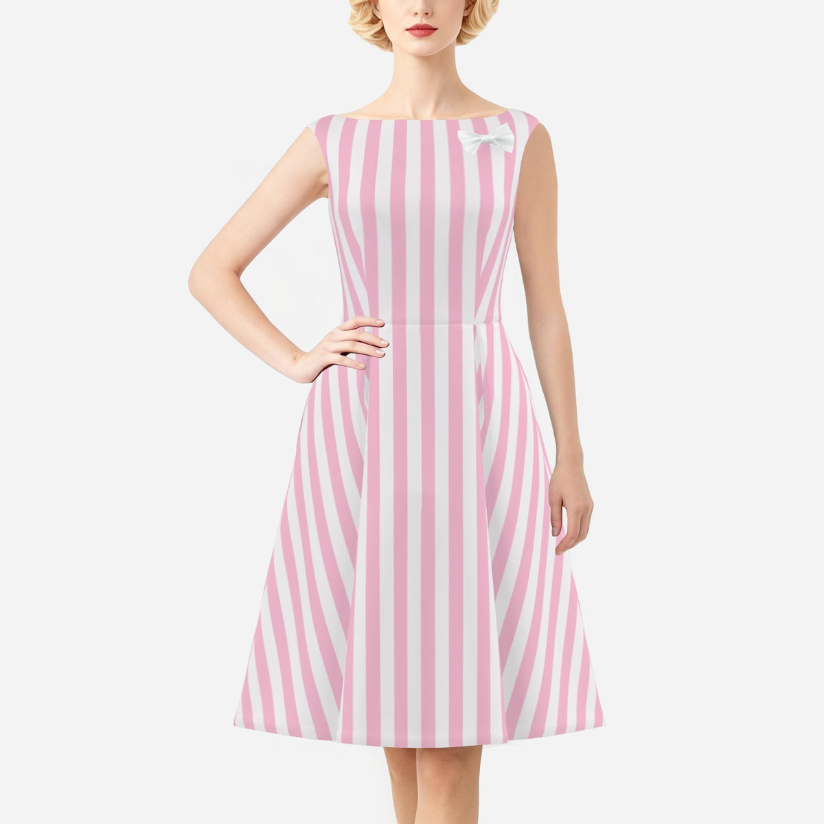 Women’s 50s Style Dress | Pink Stripe Vintage Inspired Satin Dress | Removable Bow | Pleated A-Line Midi Dress