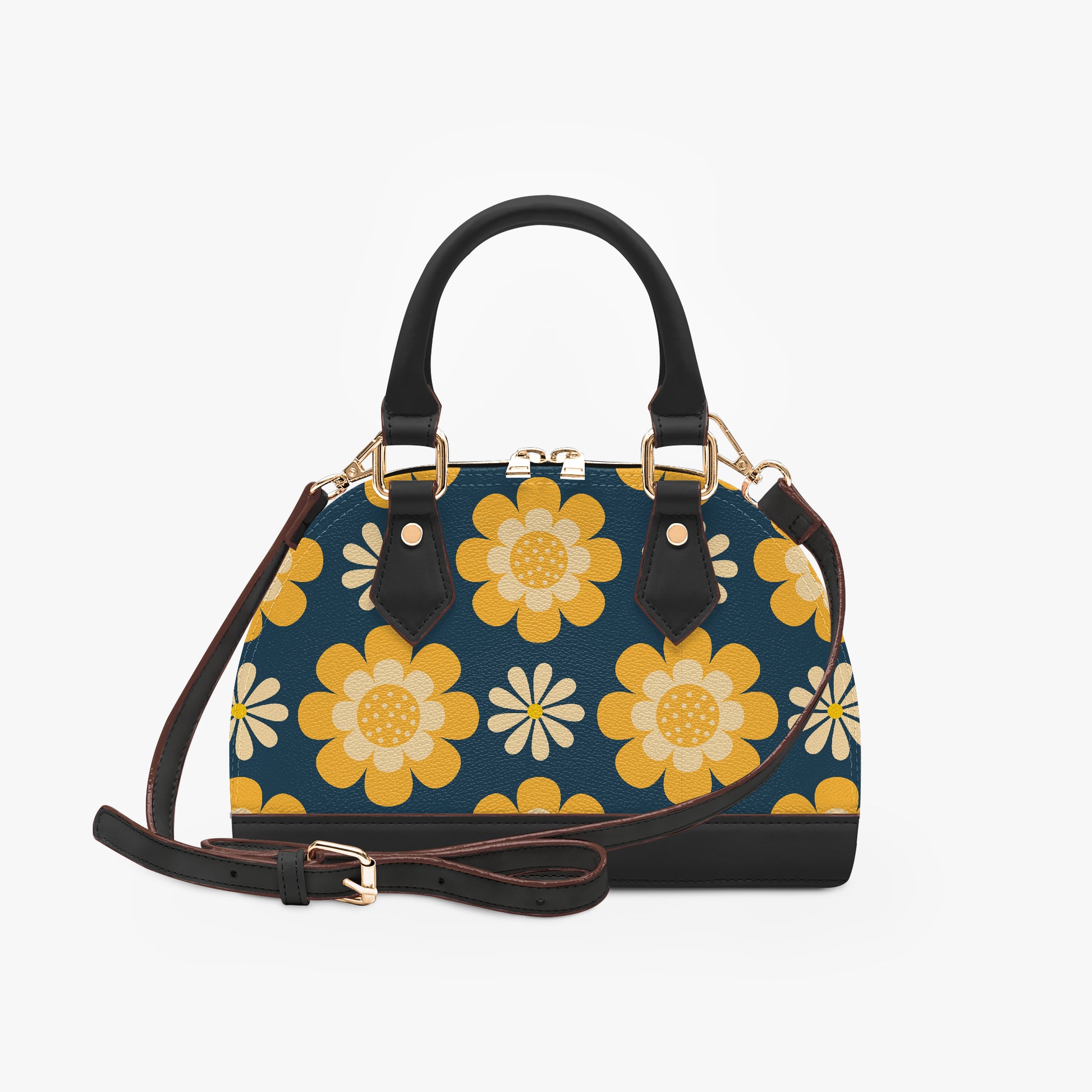 Vintage Mod Yellow Floral Blue Handbag | 60s 70s Retro Half Moon Crossbody Bag with Adjustable Shoulder Strap | PU Leather Statement Handbag for Women