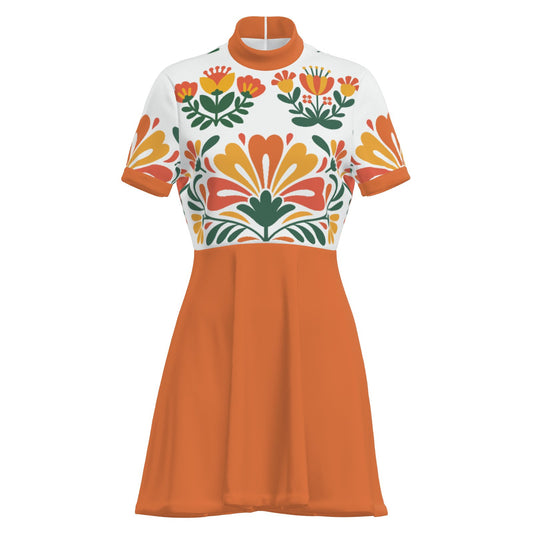 60s Orange Mod Mini Dress Retro Floral Turtleneck GoGo Dress