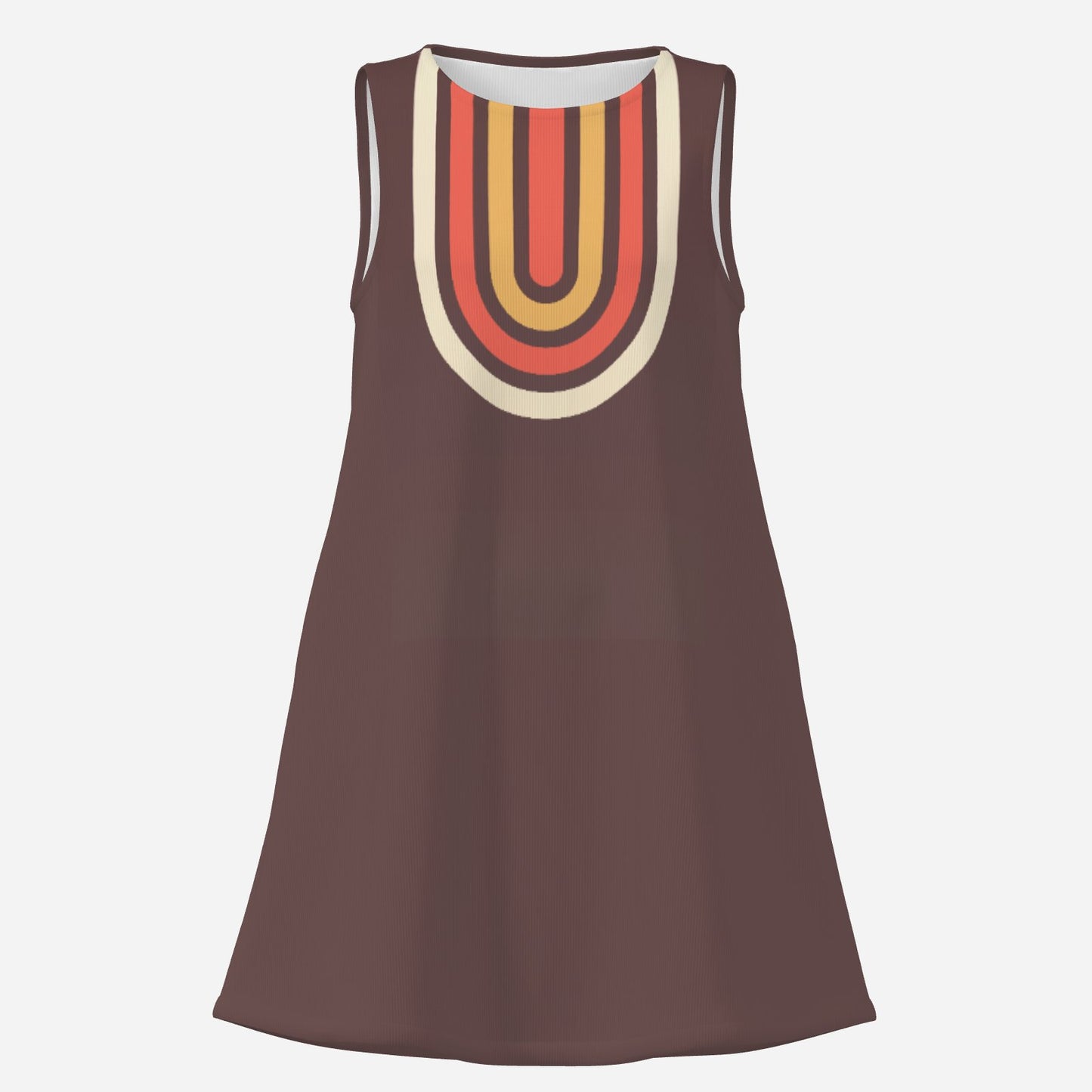 Women's 60s Mod Brown Tent Mini Dress Space Age Geometric Print Sleeveless Boat Neck Retro Go Go Dress
