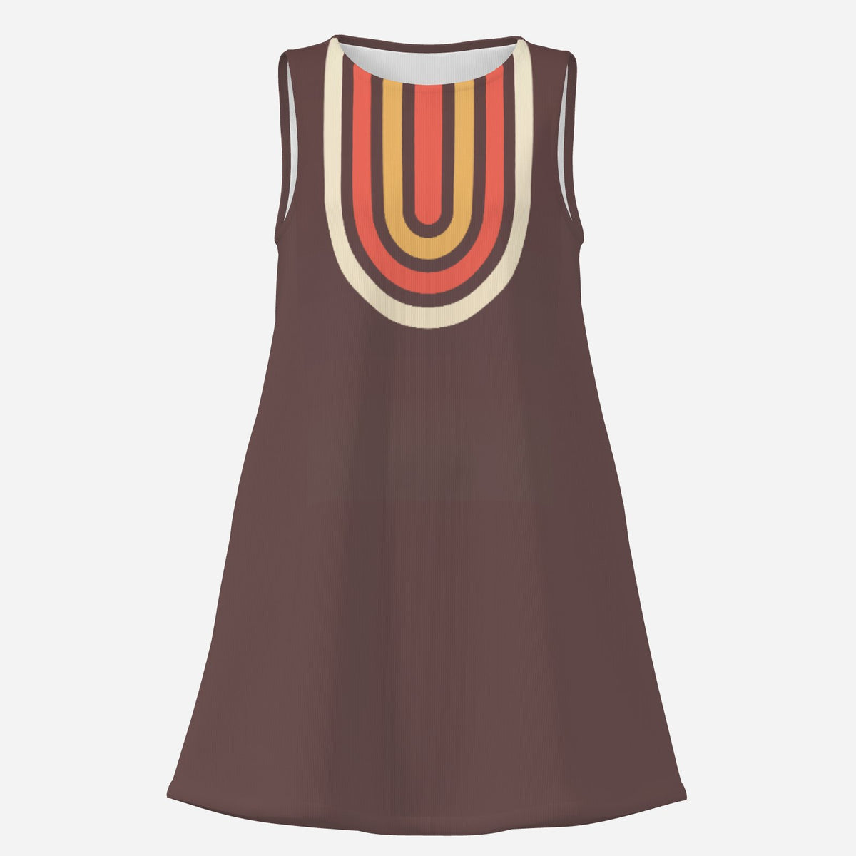 Women's 60s Mod Brown Tent Mini Dress Space Age Geometric Print Sleeveless Boat Neck Retro Go Go Dress