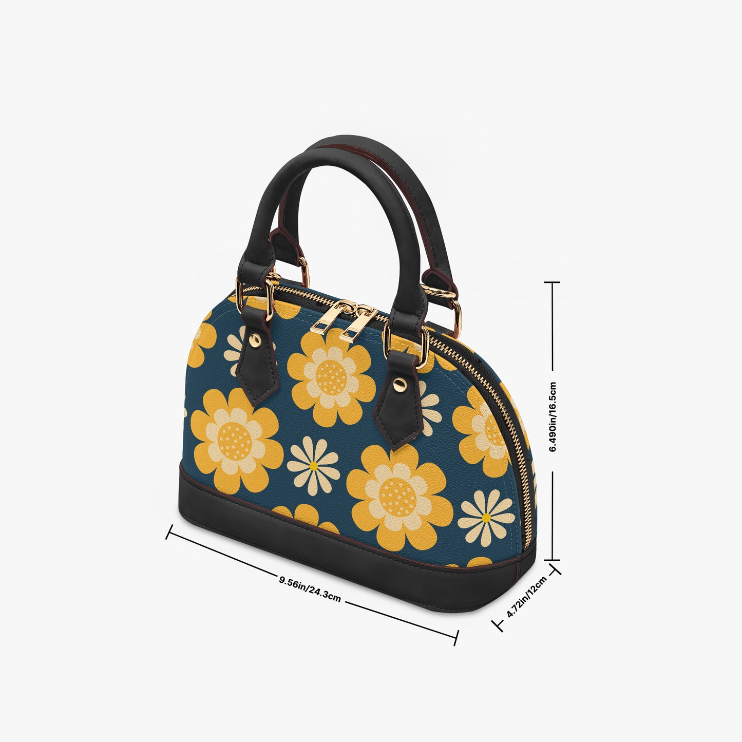 Vintage Mod Yellow Floral Blue Handbag | 60s 70s Retro Half Moon Crossbody Bag with Adjustable Shoulder Strap | PU Leather Statement Handbag for Women
